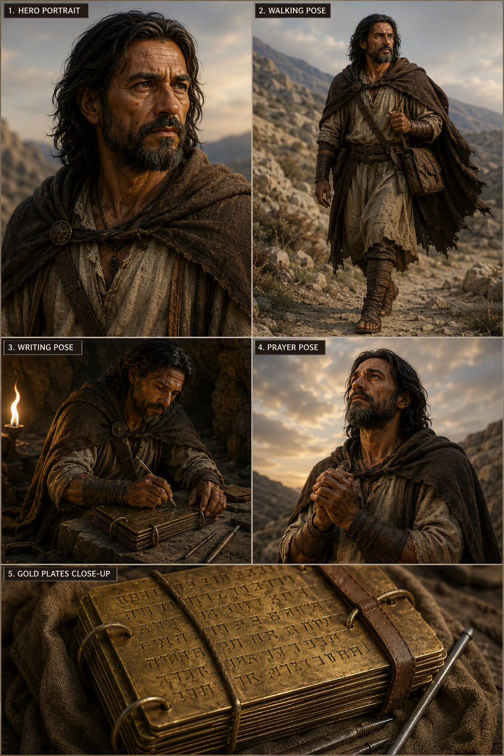 Moroni, Last of the Nephites — pose sheet showing front, back, left side, right side, and three-quarter turnaround views